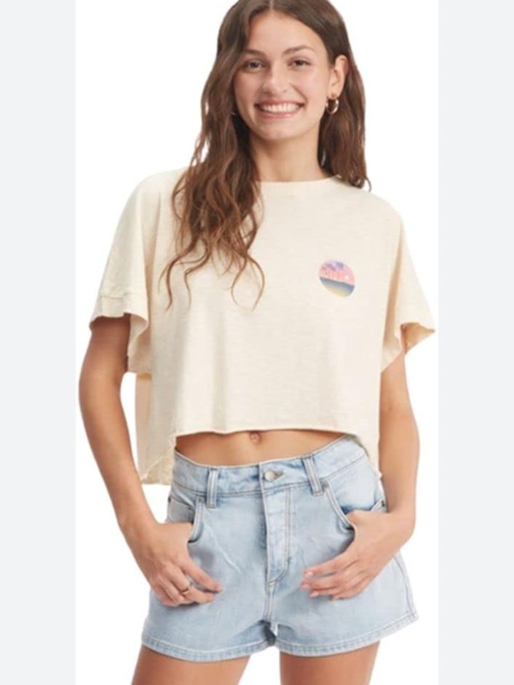 Roxy Cream Cropped Tee with Sunset Disk Tropical Hawaiian Graphic